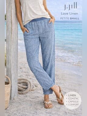 J.Jill Linen Pants womens size Small petite Blue Pull On Elastic Waist Casual
